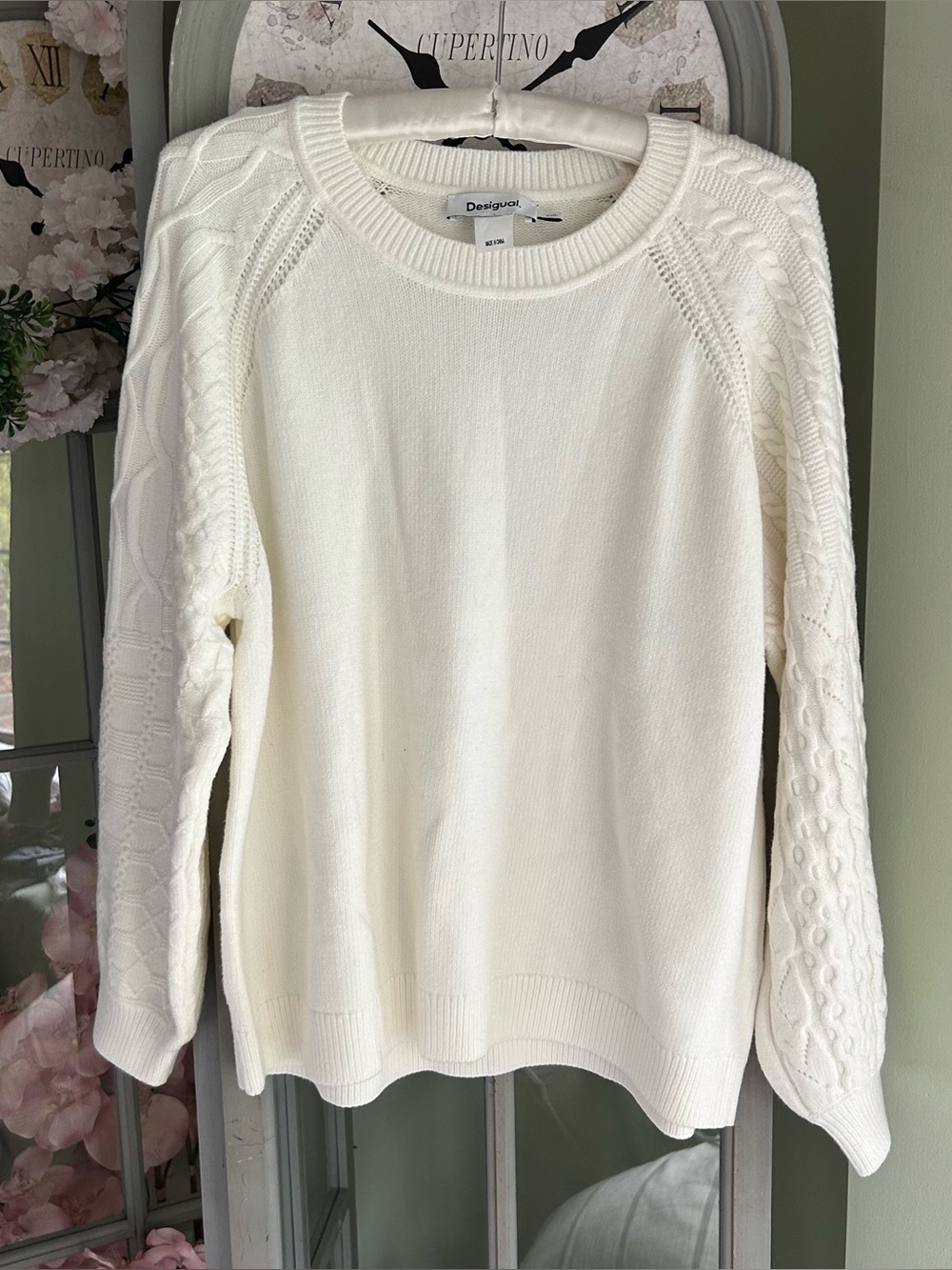 DESIGUAL Regina Cable Stitch Sleeve Sweater Off-White/Ivory Size XXL